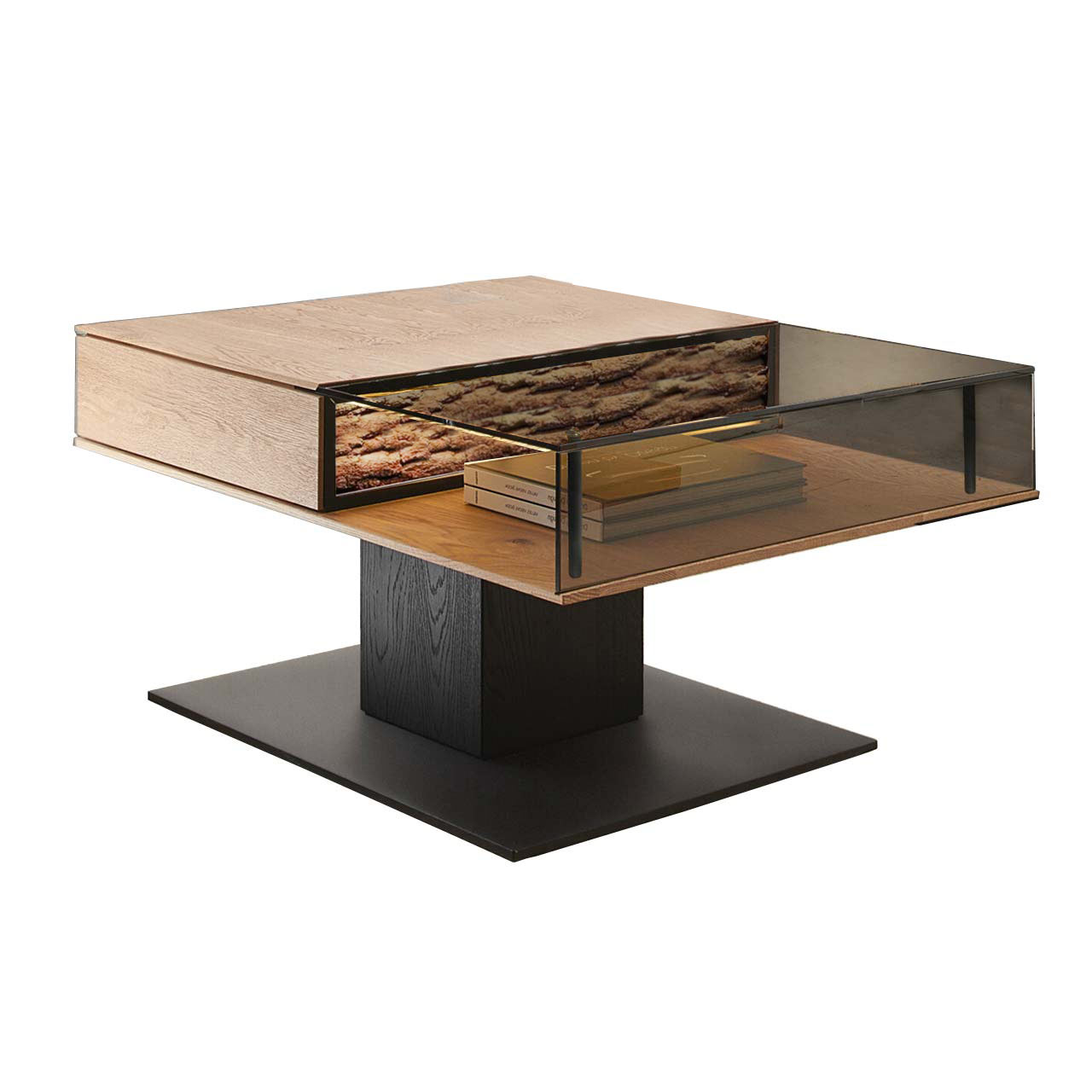 Moderner rechteckiger Couchtisch aus massiver Kerneiche mit Rindenholz-Applikation. Tischplatte zweigeteilt in Glas und Holz. Mit Ablagefläche unter Glas und Schubkasten unter Holz. Säule und Bodenplatte eckig in Holz anthrazit.
