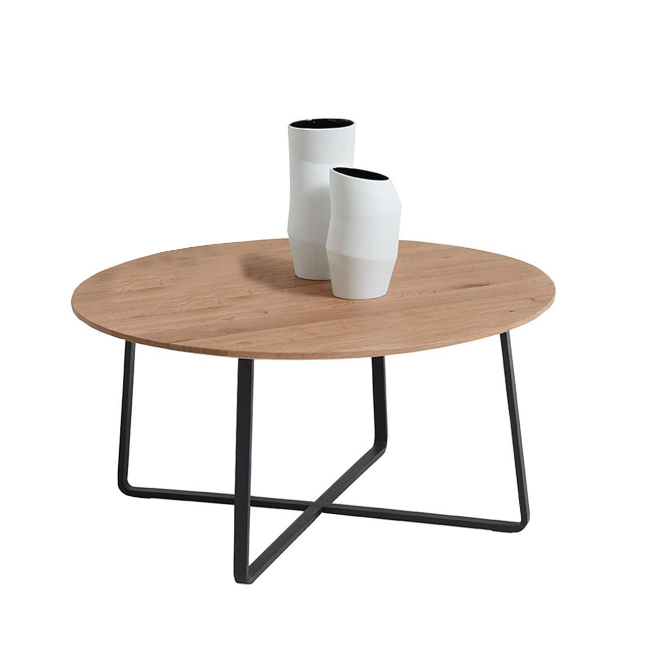 Moderner Couchtisch mit runder Tischplatte aus Kerneiche Umato und Metallgestell anthrazit.