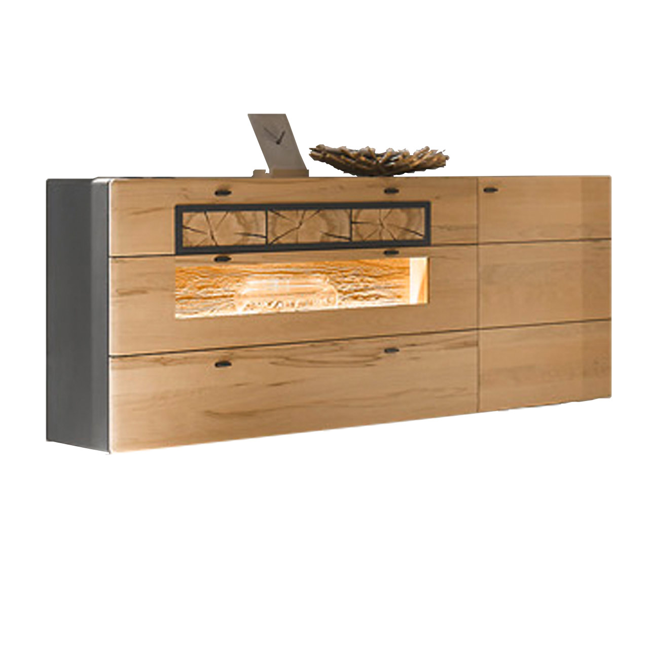 Sideboard aus heller Kernbuche mit anthrazitfarbenem Korpus. Mit Schubkästen oben und unten, oben verziert mit dekorativen Hirnholzscheiben dazwischen eine Klappe mit Glasausschnitt