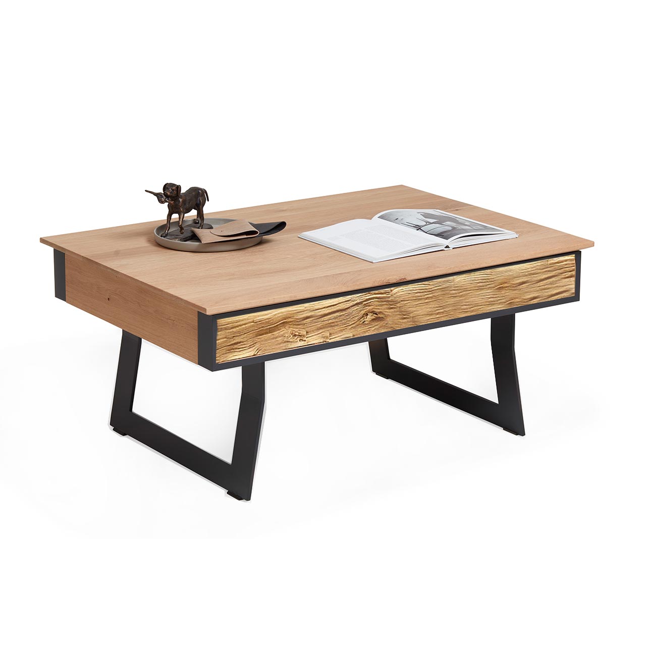 Hartmann NATURWERKE - Couchtisch 8400C-1458 Moderner Couchtisch mit höhenverstellbarer Tischplatte aus Kerneiche mit integriertem Stauraumfach und seitlicher Spaltholz-Applikation - auf zwei Metallkufen in Anthrazit.