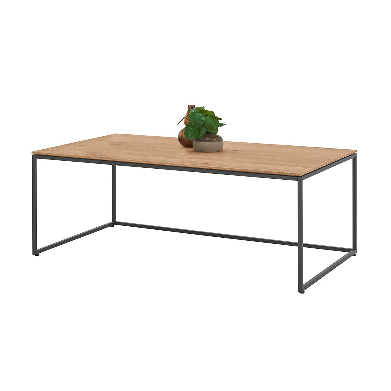 Moderner Couchtisch mit quadratischer Tischplatte aus Kerneiche Natur und Metallgestell anthrazit.