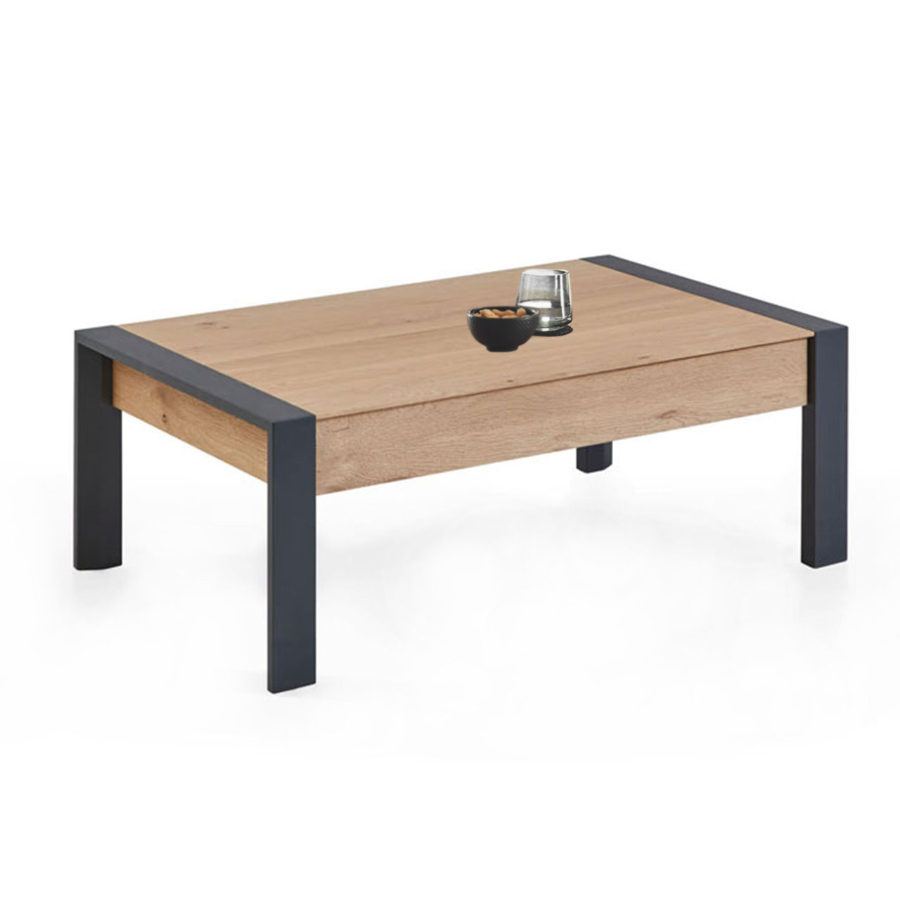 Moderner Couchtisch aus massiver Kerneiche Natur mit integriertem Schubkasten auf vier Metallbeinen.