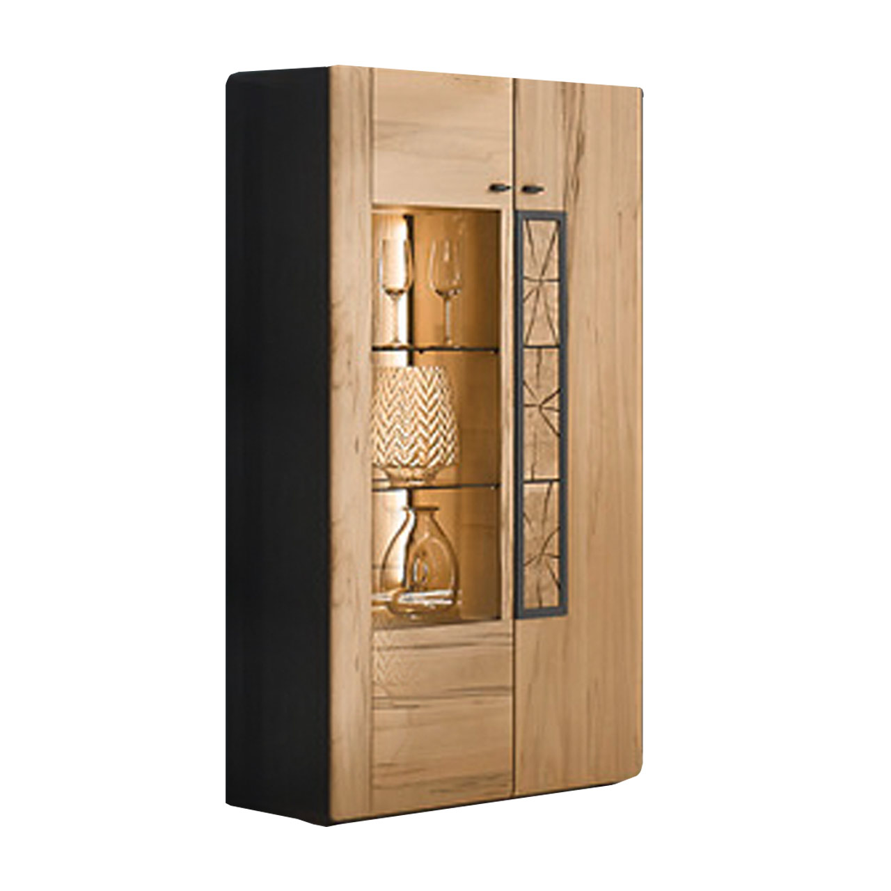 Seitlich stehendes Highboard aus massiver heller Kernbuche mit Glastür aus bronzefarbenem Parsolglas und Holztür mit Hirnholzscheiben. Korpus seitlich Anthrazit lackiert.