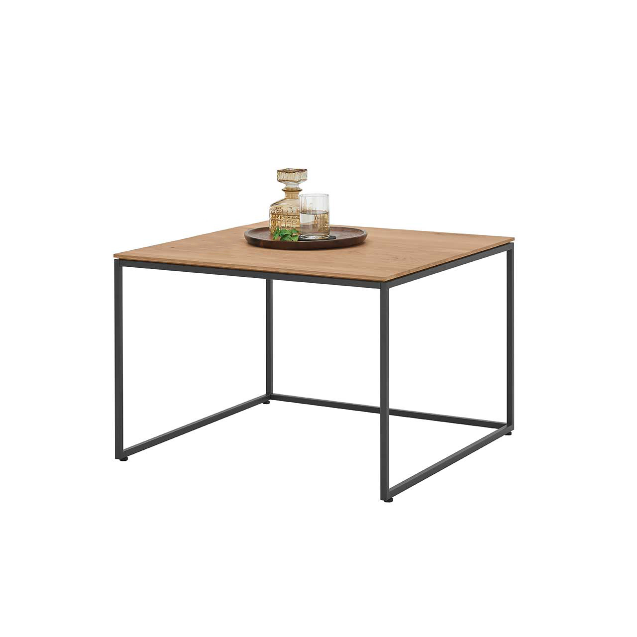 Moderner Couchtisch mit quadratischer Tischplatte aus Kerneiche Natur und Metallgestell anthrazit.
