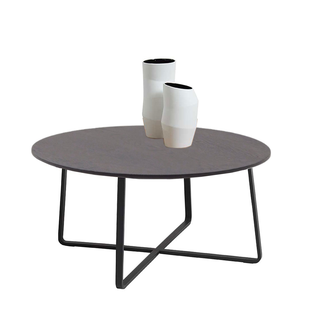 Moderner Couchtisch mit runder Tischplatte aus Kerneiche anthrazit und anthrazitfarbenem Metallgestell.