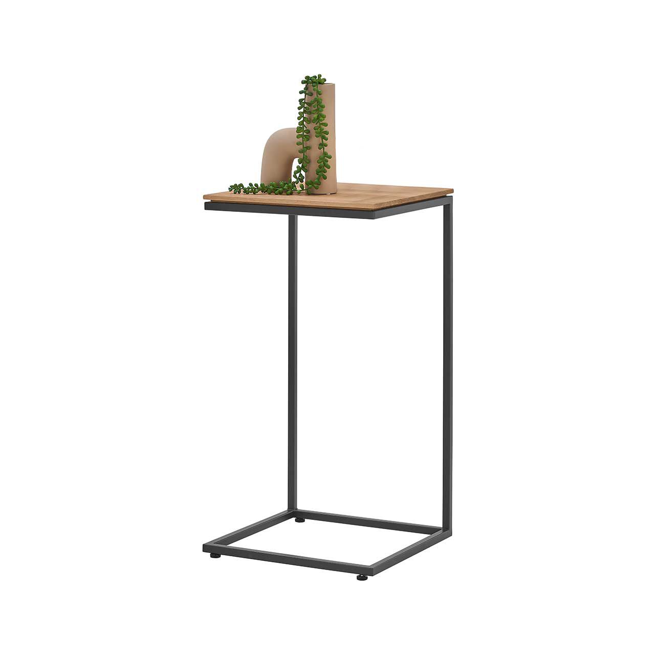 Kleiner Beistelltisch mit quadratischer Tischplatte aus Kerneiche und filigranem Metallgestell anthrazit.
