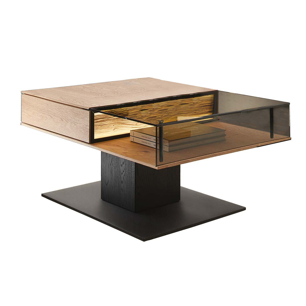 Moderner rechteckiger Couchtisch aus massiver Kerneiche mit Spaltholz-Applikation. Tischplatte zweigeteilt in Glas und Holz. Mit Ablagefläche unter Glas und Schubkasten unter Holz. Säule und Bodenplatte eckig in Holz anthrazit.